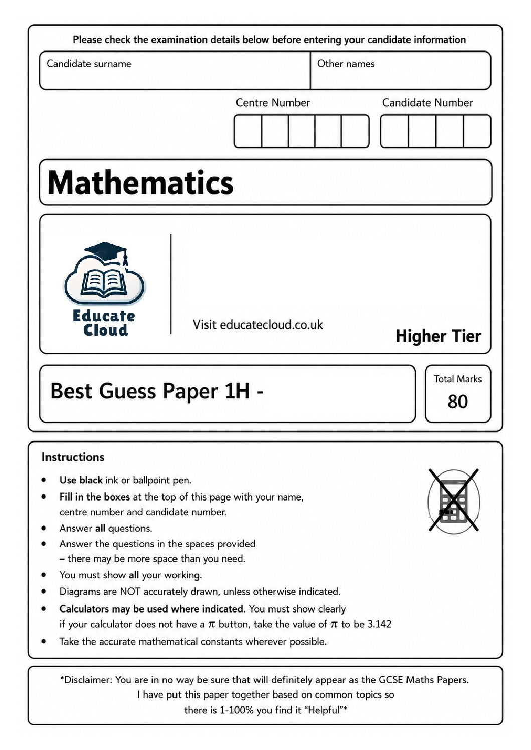 Maths Higher Predicted Paper- Part 2